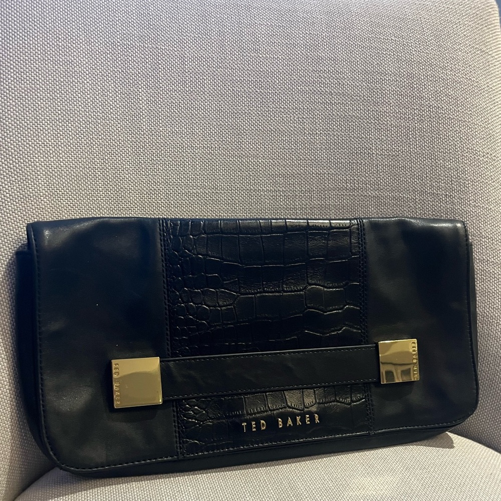 Ted Baker All-Black Leather Clutch with Croc Detailing & Gold Hardware